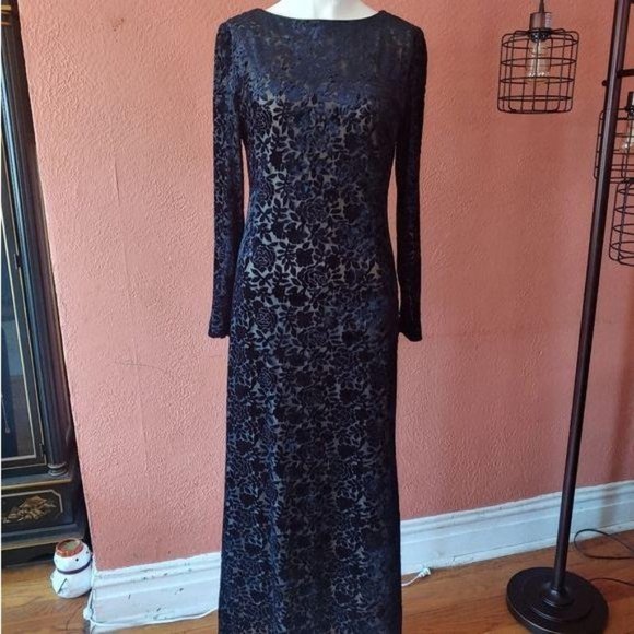 Navy Blue Textured Lace Floor Length Dress Size 6 - Picture 6 of 12